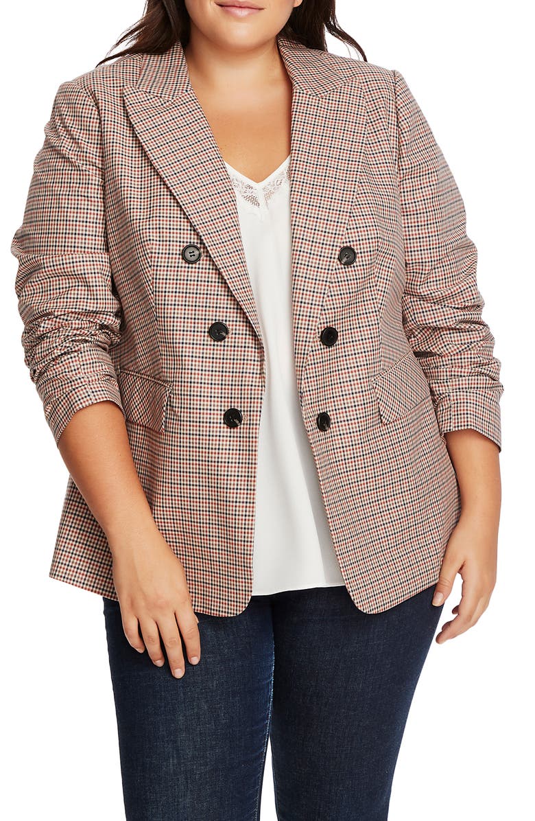 1.STATE Houndstooth Plaid Ruched Sleeve Blazer, Main, color, 