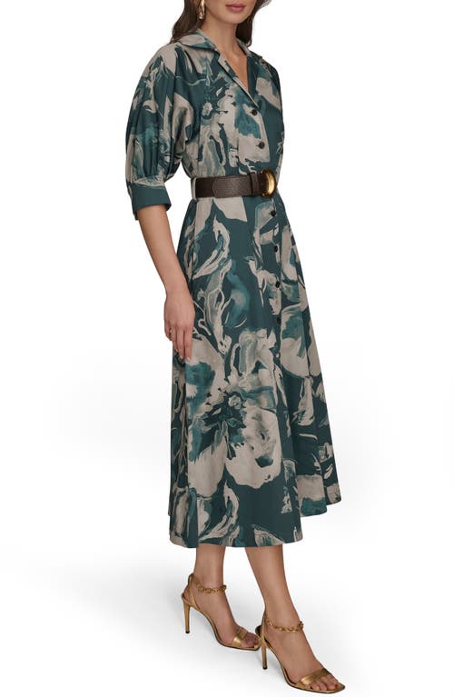 Donna Karan Abstract Floral Belted Midi Shirtdress In Green