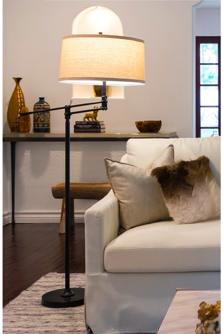 Ava 61' LED Mid-Century Modern Adjustable Floor Lamp with Fabric Drum Shade, Alternate, color, BEIGE