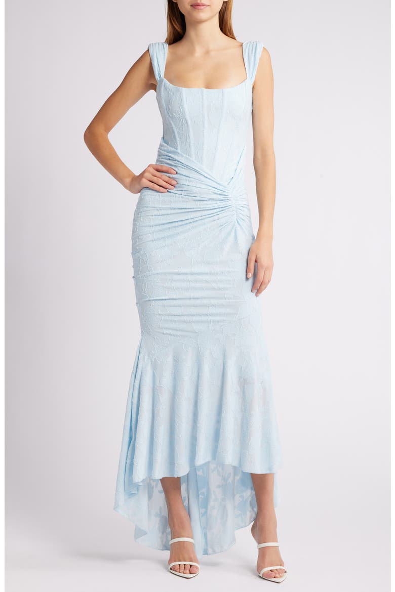 Cesca Floral Ruched High-Low Corset Dress, Alternate, color, SKYRIDE