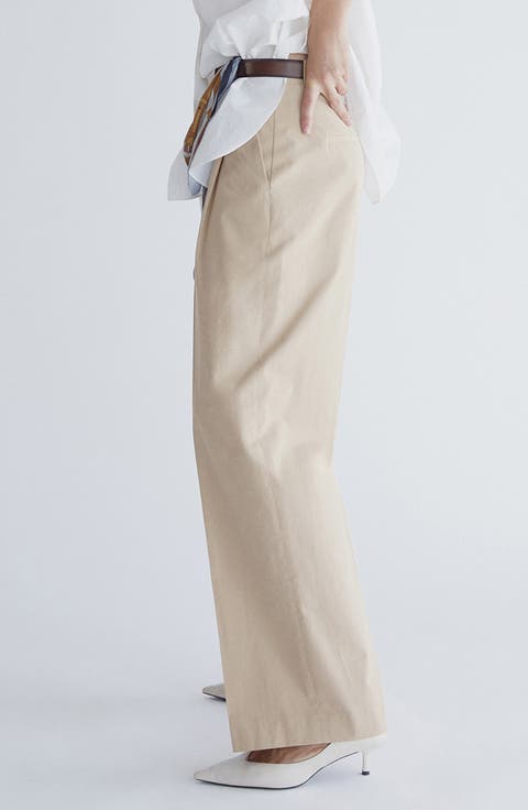 Pleated High Waist Straight Leg Cotton Pants