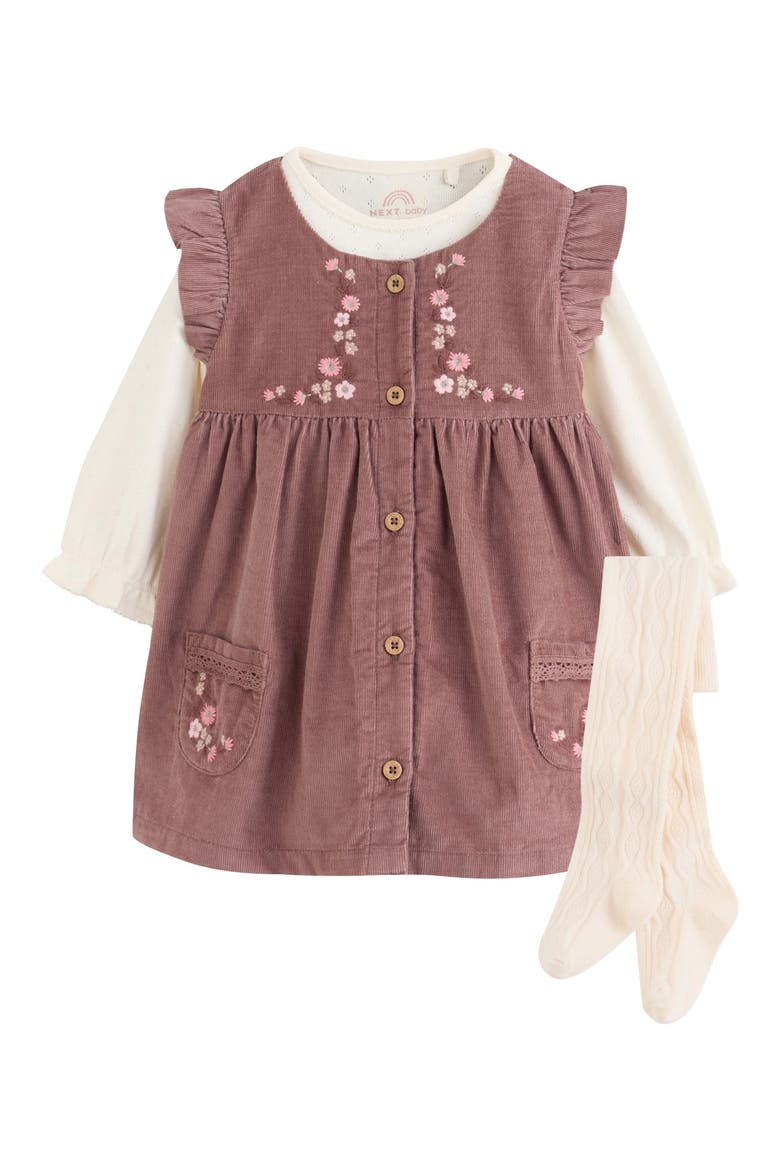 Kids' Embroidered Corduroy Pinafore Dress, Bodysuit & Tights Set, Main, color, PURPLE
