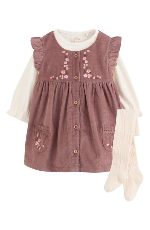 Kids' Embroidered Corduroy Pinafore Dress, Bodysuit & Tights Set