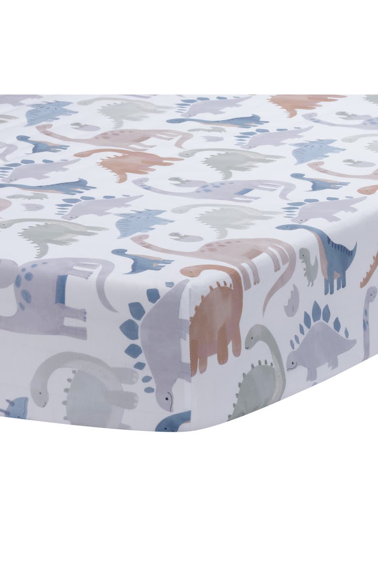 Dino-Might 100% Cotton Dinosaur Baby/Toddler Fitted Crib Sheet, Main, color, White