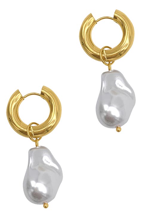 Water Resistant Shell Pearl Drop Huggie Earrings