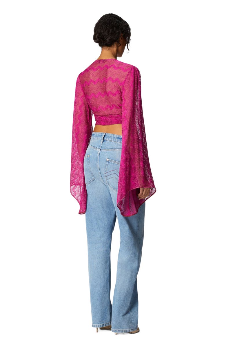 Missoni Crop Top With Wide Sleeves And Front Knot In Zig Zag Lamé Viscose, Alternate, color, Purple