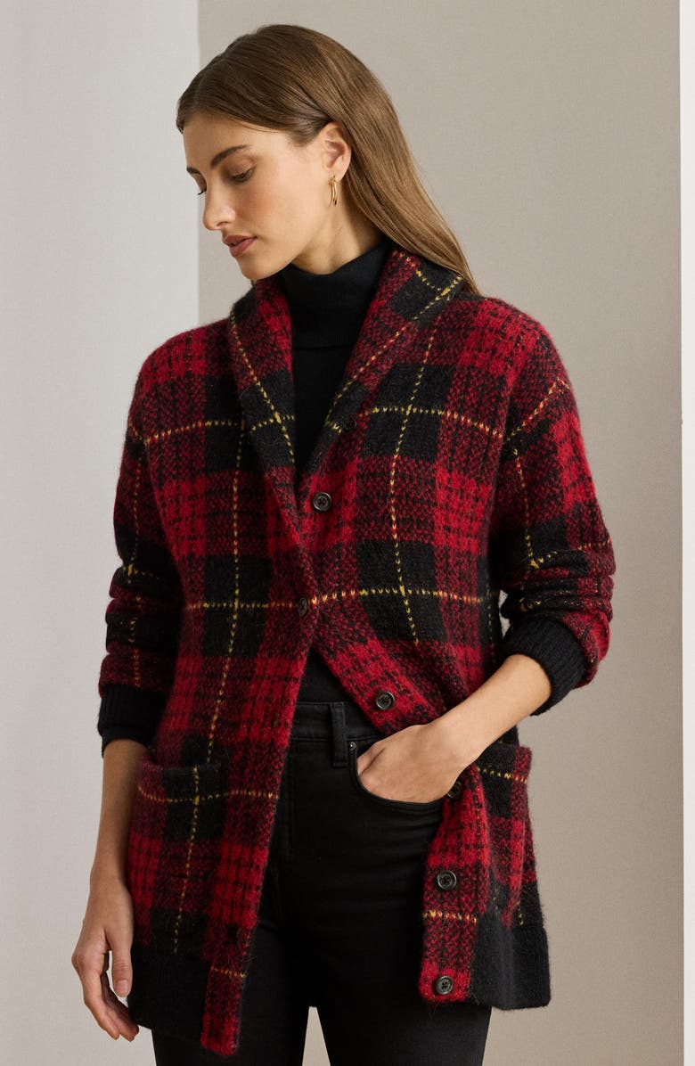 Lauren Ralph Lauren Plaid Shawl Collar Cardigan, Alternate, color,