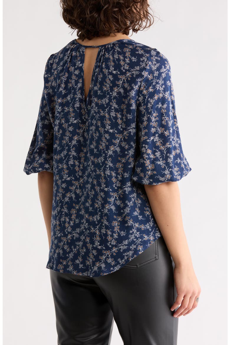 Floral Back Keyhole Balloon Sleeve Top, Alternate, color, NAVY