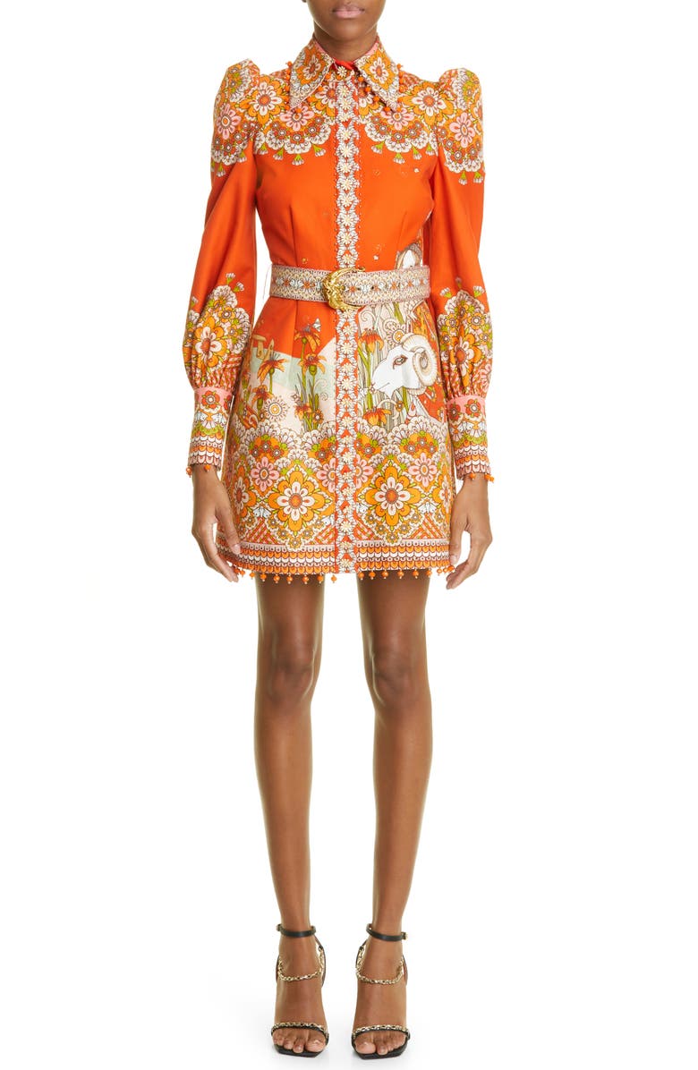 Zimmermann Aries Zodiac Print Belted Long Sleeve Minidress, Main, color, 