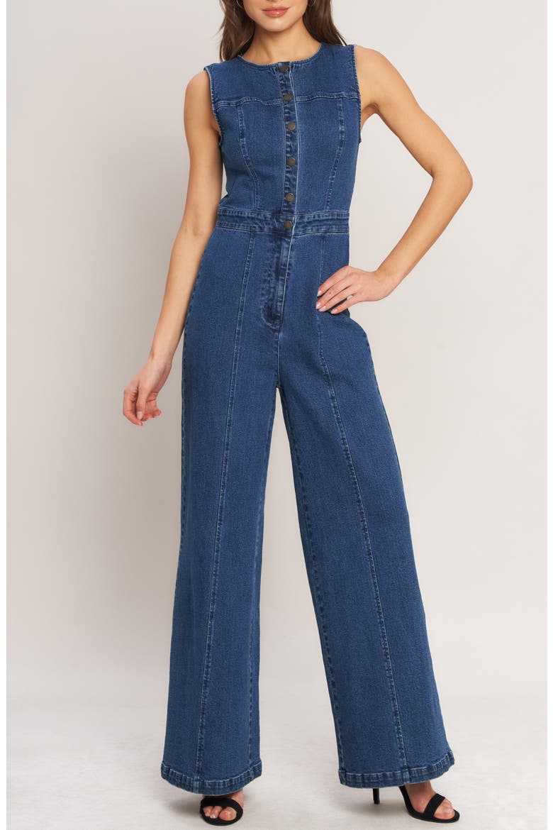 Buttoned Denim Jumpsuit, Alternate, color, MEDIUM INDIGO