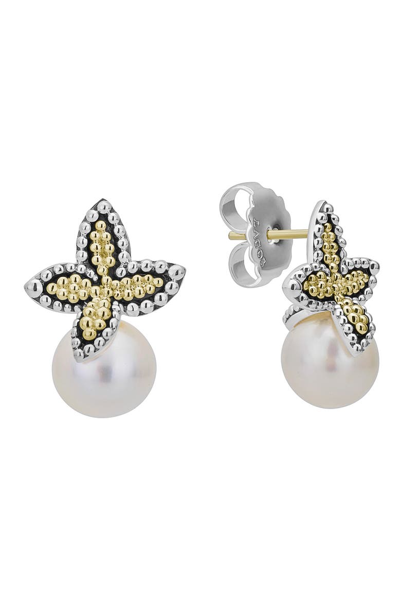 Luna Pearl Floral Cap Drop Earrings, Alternate, color, TWO TONE/ PEARL