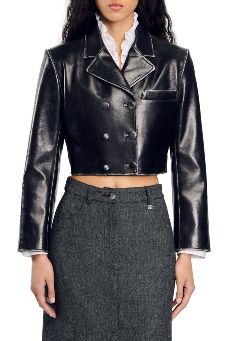 Cropped leather jacket, Alternate, color, Black