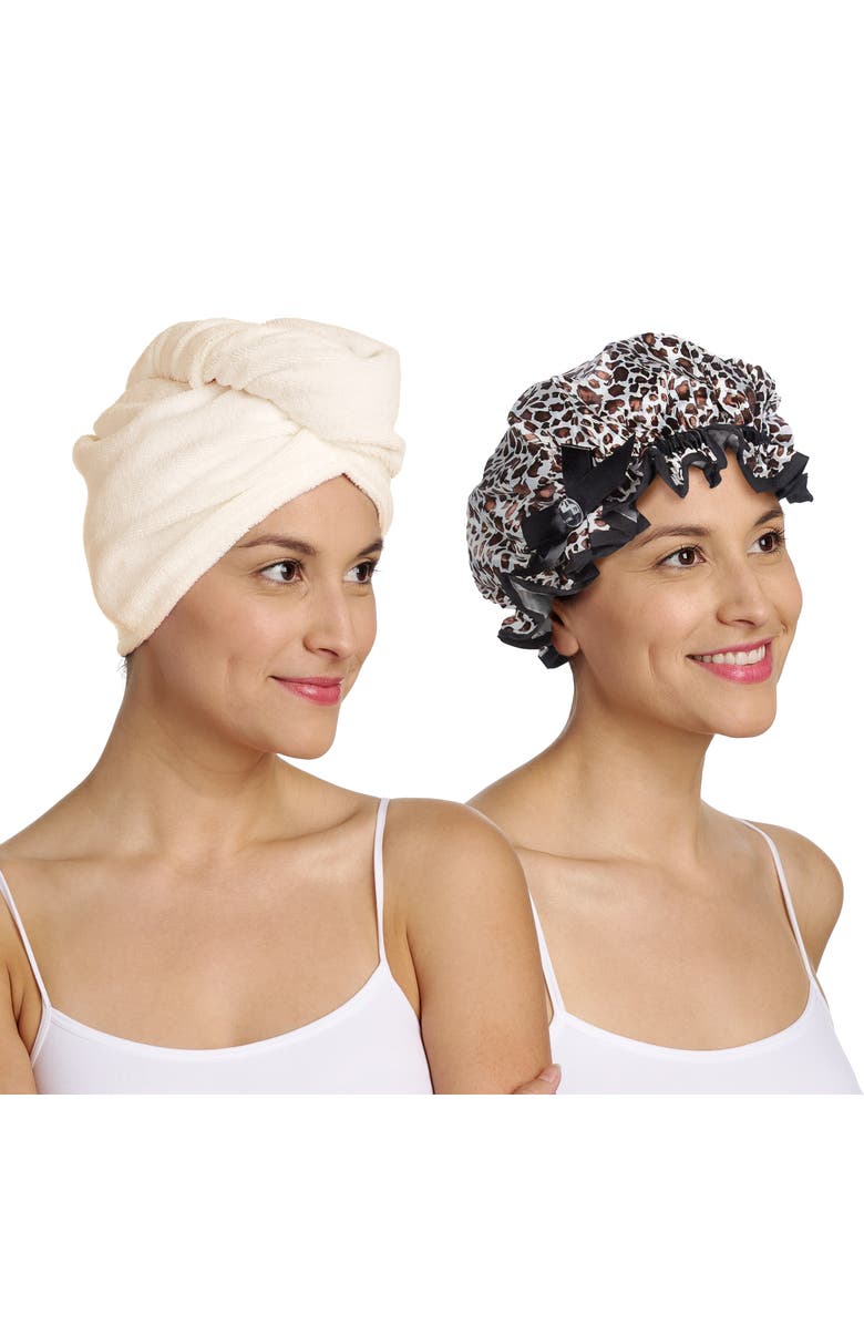 TURBIE TWIST Microfiber Hair Towel Wrap and Shower Cap Set, Main, color, Tan