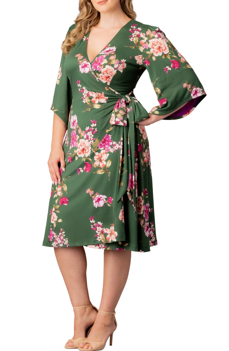 Kiyonna Gemini Floral Bell Sleeve Wrap Dress, Alternate, color, Green Floral Print