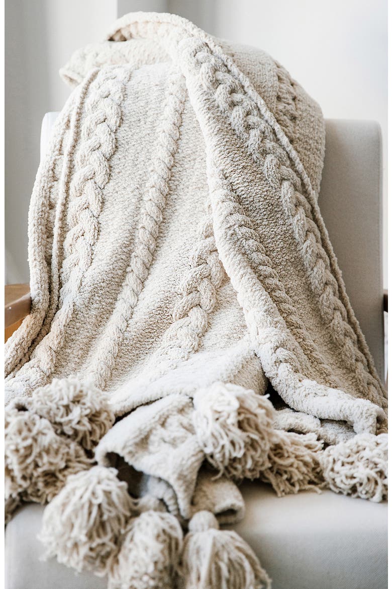 Braided Pom Pom Throw Blanket, Alternate, color, SAHARA TAN
