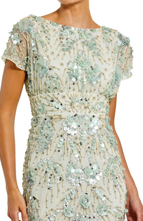 Mac Duggal Embellished Mesh Fitted Short Sleeve Midi Dress In Sage