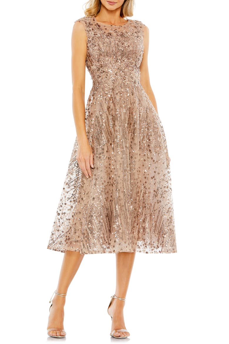 Sequined Cap Sleeve Fit and Flare Dress, Main, color, BRONZE