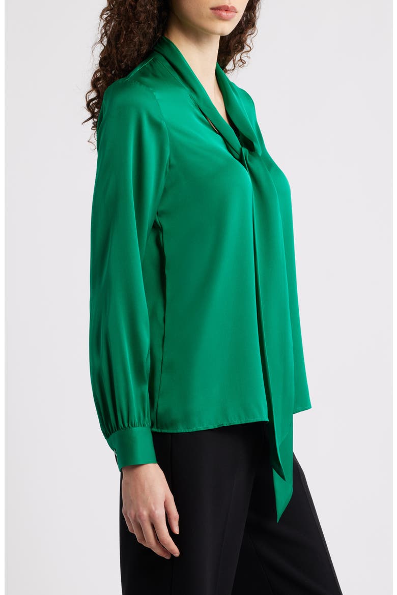 The Nicoletta Tie Neck Silk Stretch Satin Button-Up Shirt, Alternate, color, PARROT GREEN