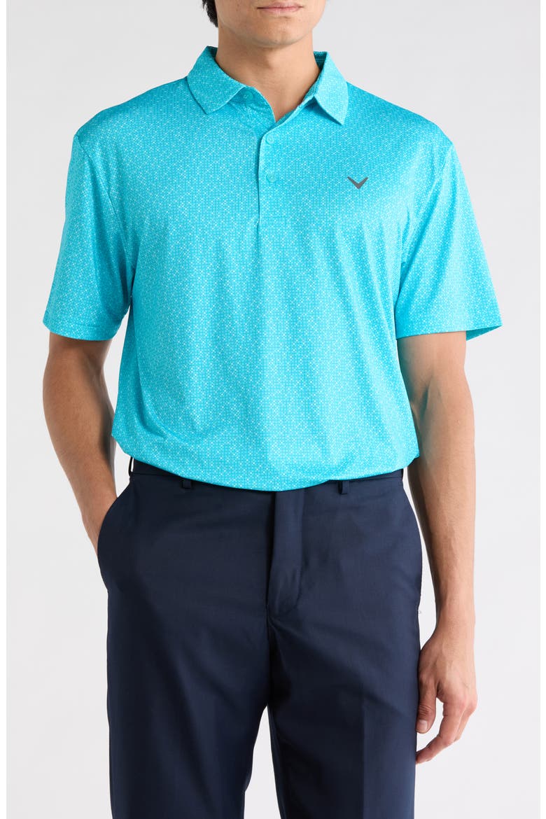 Mini Geometric Print Knit Golf Polo, Main, color, BLUE CURACAO