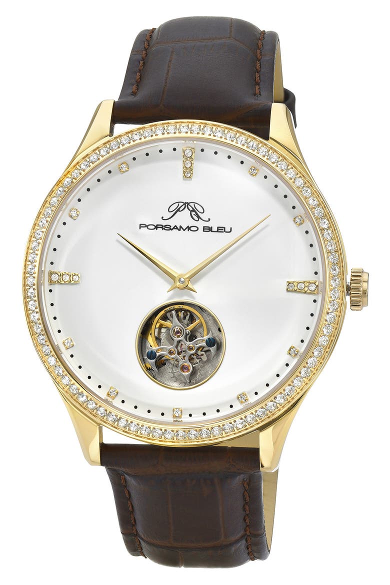William Automatic Tourbillon Croc Embossed Leather Strap Watch, 45mm, Main, color, BROWN