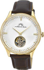 PORSAMO BLEU William Automatic Tourbillon Croc Embossed Leather Strap Watch, 45mm