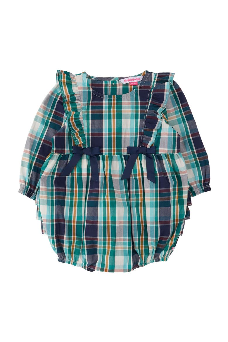 Woven Long Sleeve Waterfall Bow Bubble Romper, Main, color, Forrest Plaid