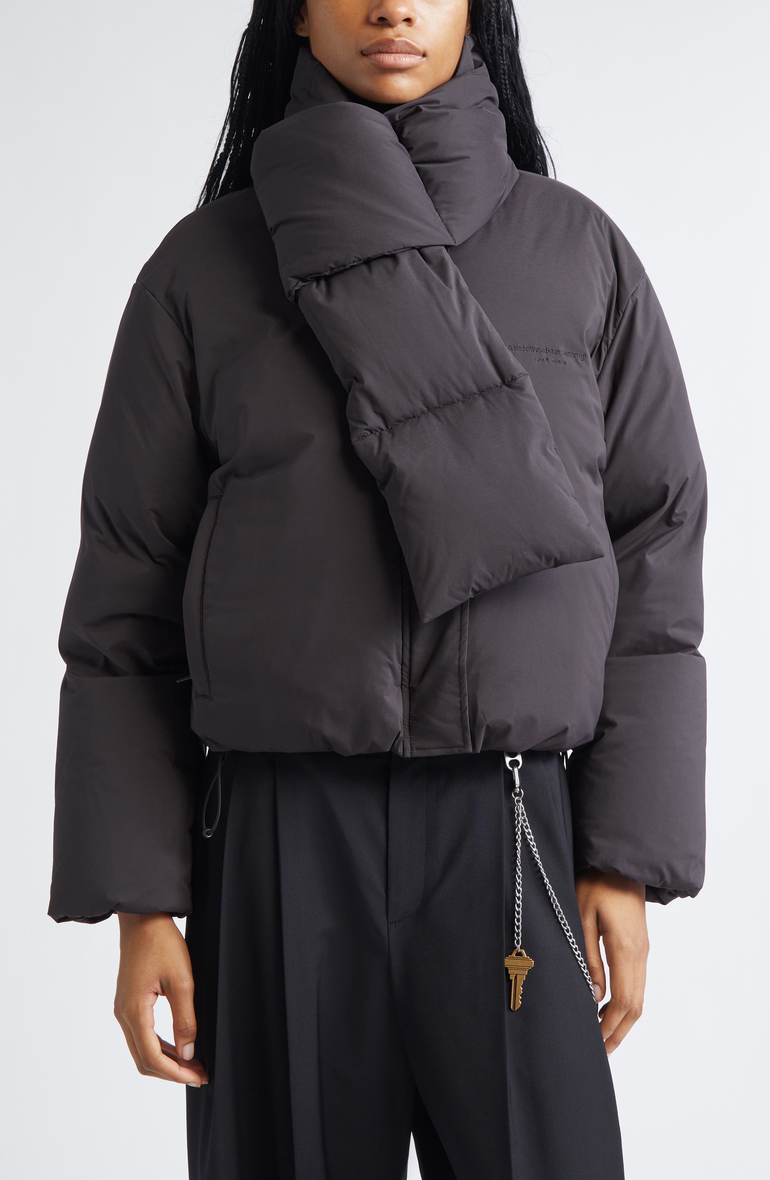 Crop Puffer Jacket With Removable Scarf
