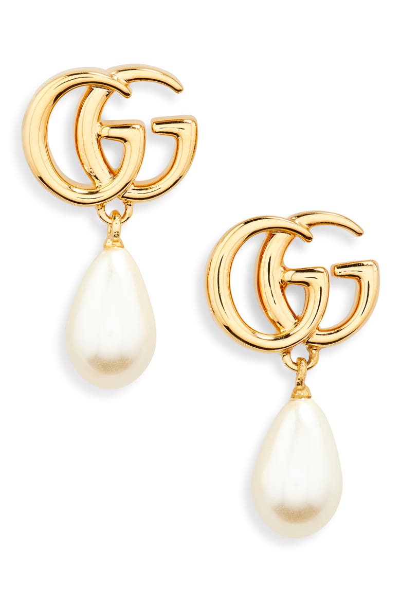 GG Marmont Faux Pearl Drop Earrings, Main, color, GOLD