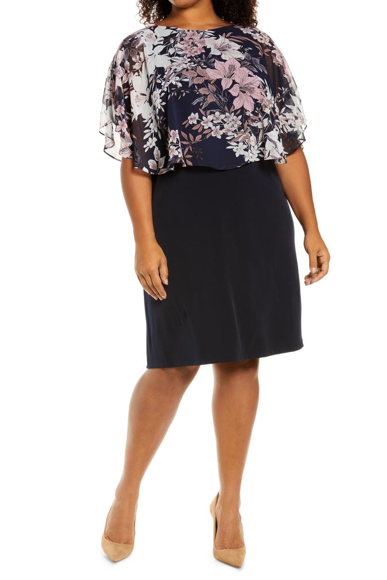 Floral Overlay Cape Dress, Main, color, NAVY/ MAUVE