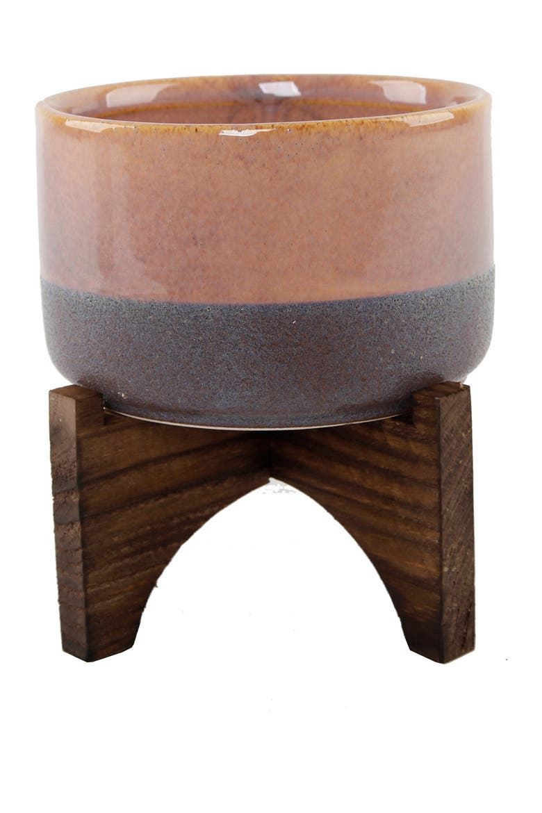 Pink Ceramic Lava Pot on Wood Stand, Main, color, PINK