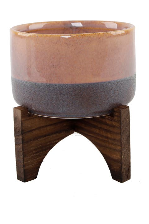 Pink Ceramic Lava Pot on Wood Stand
