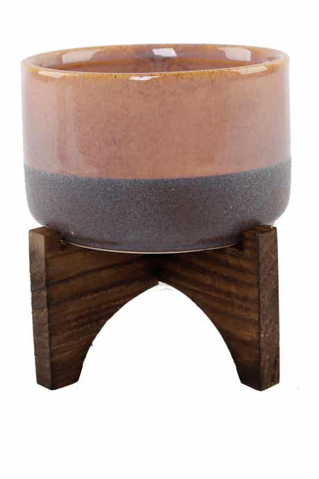 FLORA BUNDA Pink Ceramic Lava Pot on Wood Stand