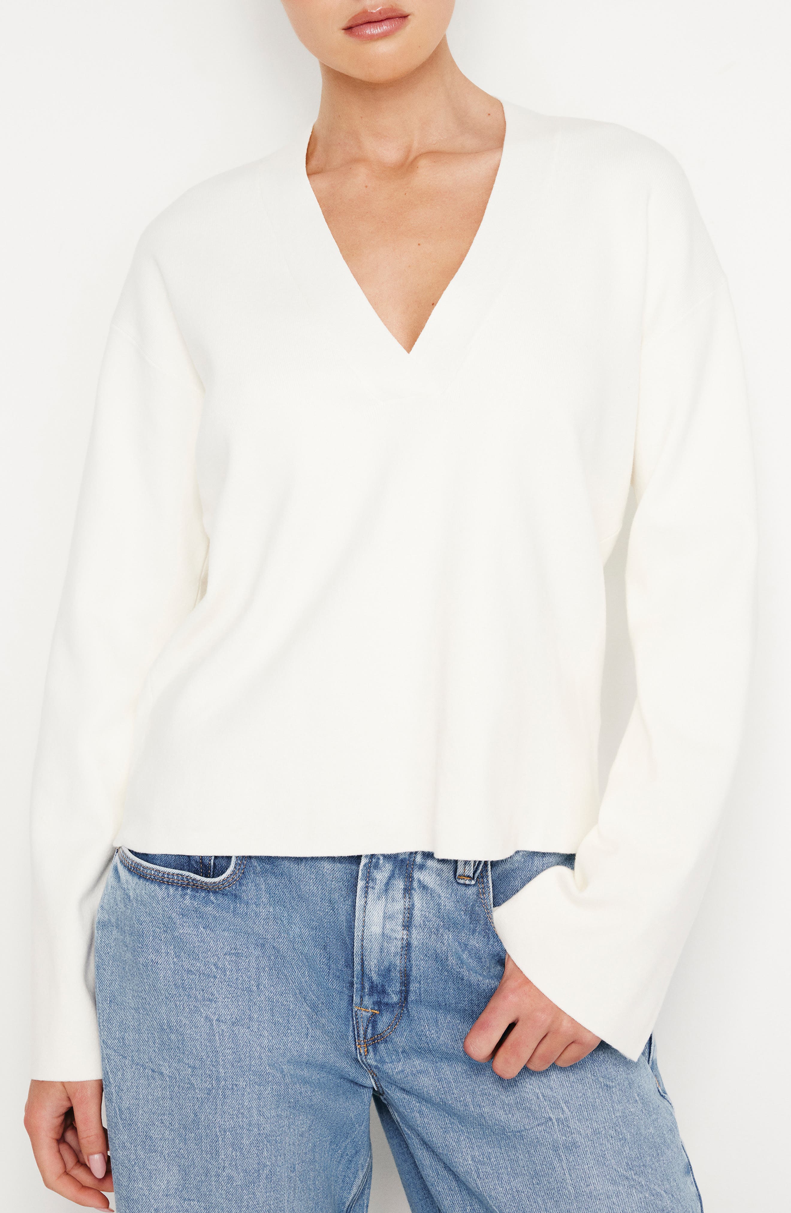 Good American V-Neck Boxy Cotton Blend Sweater