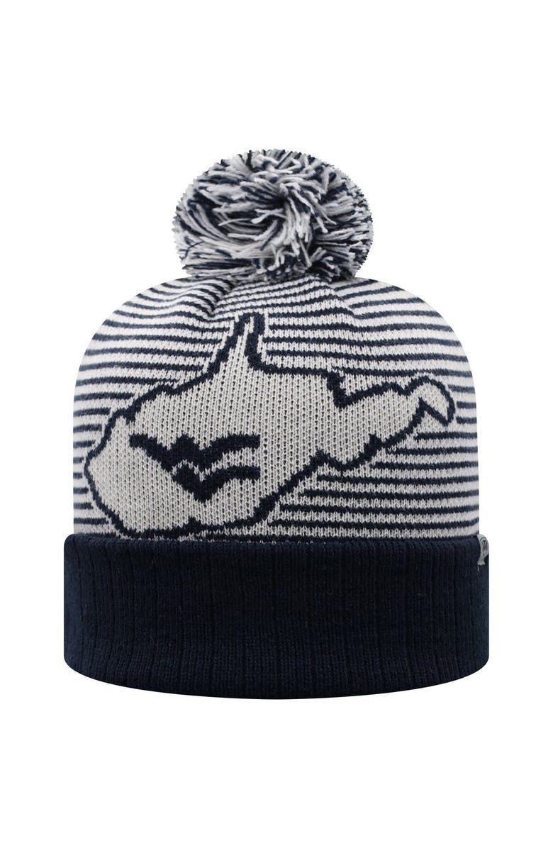TOP OF THE WORLD Men's Top of the World Navy West Virginia Mountaineers Line Up Cuffed Knit Hat with Pom, Alternate, color, 