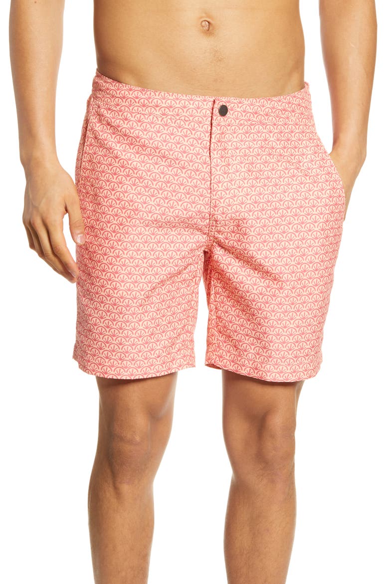 Calder 7.5-Inch Shell Print Swim Trunks, Main, color, PEACH FUZZ