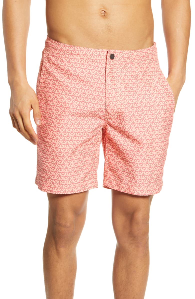 Onia Calder 7.5-Inch Shell Print Swim Trunks, Main, color, 