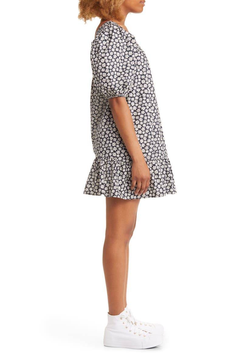 Flirty Mood Floral Puff Sleeve Cotton Dress, Alternate, color, BLACK