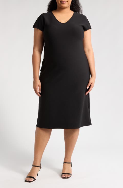 V-Neck Midi Shift Dress (Plus)