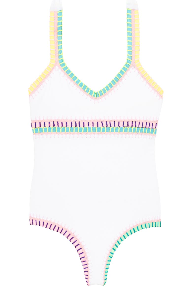 PQ SWIM Kids' Rainbow Embroidered One-Piece Swimsuit, Main, color, Waterlily