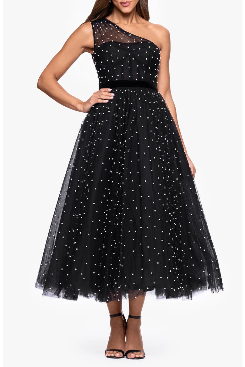 Faux Pearl One-Shoulder Tulle Cocktail Dress, Main, color, BLACK