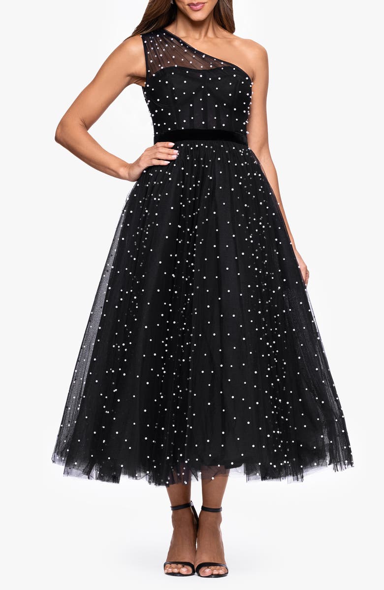 Betsy & Adam Faux Pearl One-Shoulder Tulle Cocktail Dress, Main, color, Black