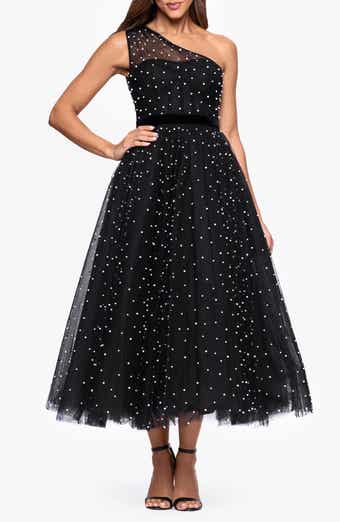 Betsy & Adam Faux Pearl One-Shoulder Tulle Cocktail Dress