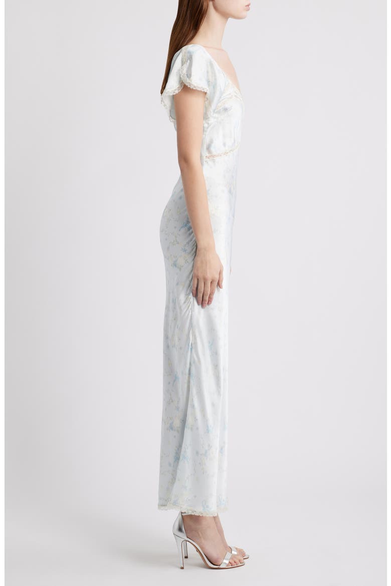 Eline Floral Print Lace Trim Silk Maxi Dress, Alternate, color, SNOWDROP BLUE