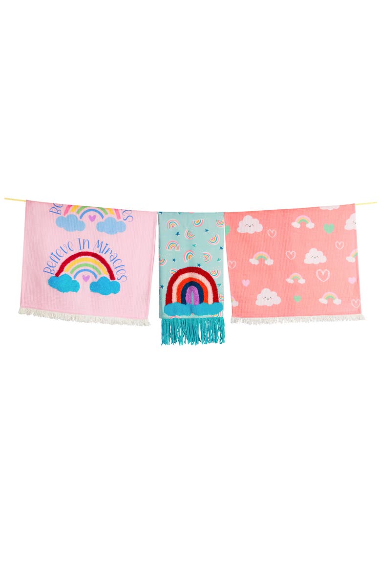 Believe in Miracles Set of 3 Kitchen Towels, Main, color, PINK/ BLUE