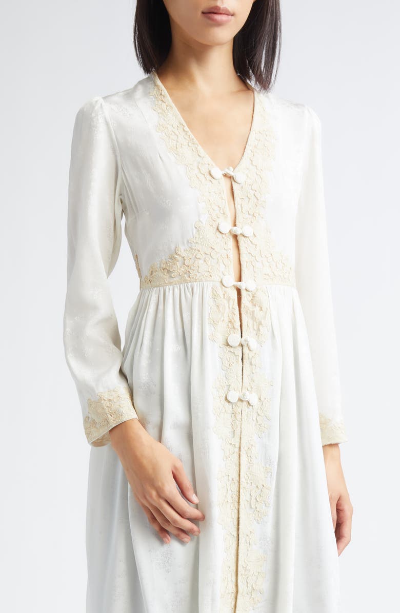 Bode Trousseau Long Sleeve Lace Silk Maxi Dress, Alternate, color, Cream