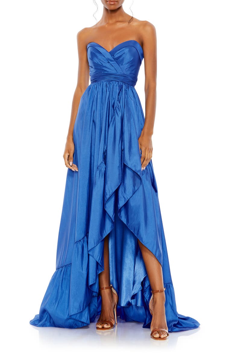 Ruffle Asymmetric High-Low Strapless Gown, Main, color, SAPPHIRE