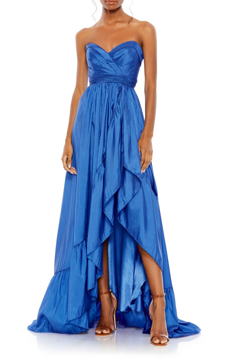 Mac Duggal Ruffle Asymmetric High-Low Strapless Gown, Main, color,
