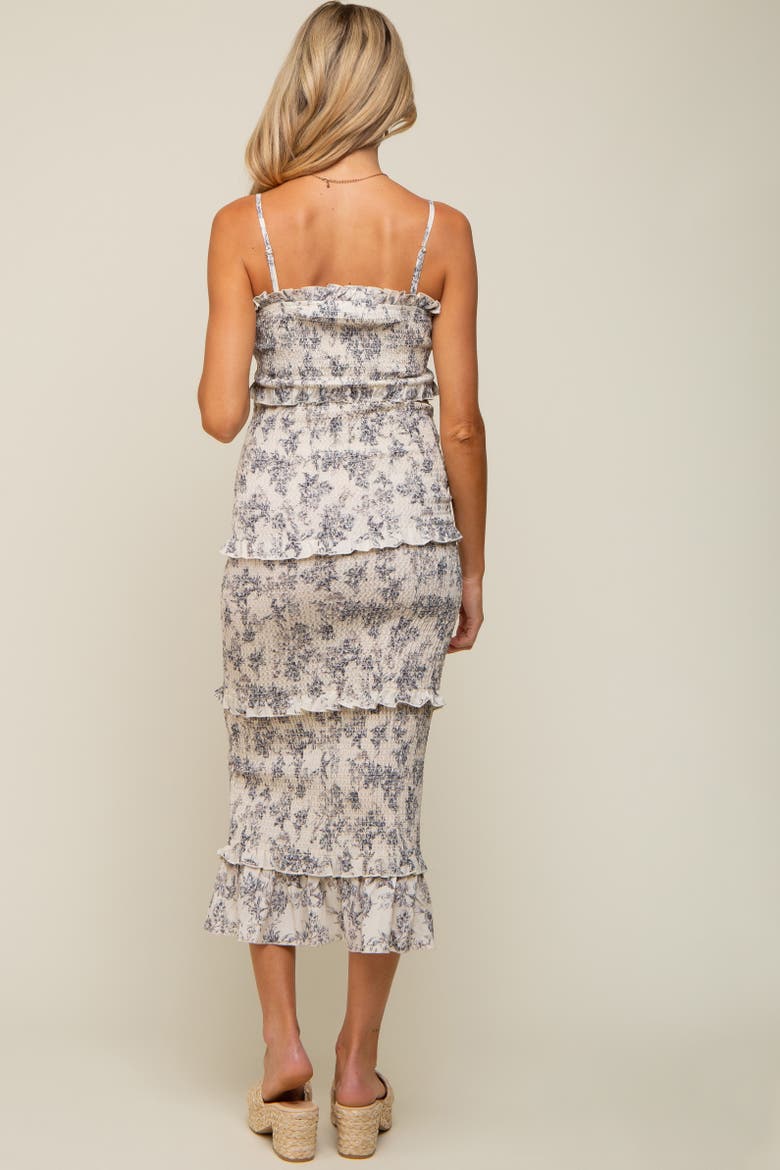 Floral Smocked Fitted Midi Dress, Alternate, color, Cream