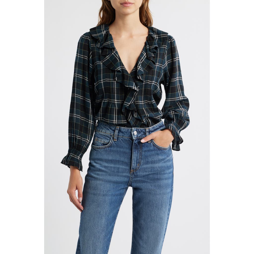 Doen Dôen Hardy Plaid Ruffle Pintuck Cotton Top In Black
