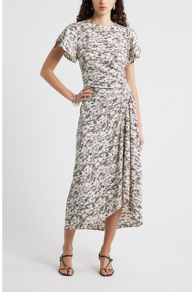 Split Sleeve Side Smocked Midi Dress, Main, color, IVORY- BROWN TEXTURAL